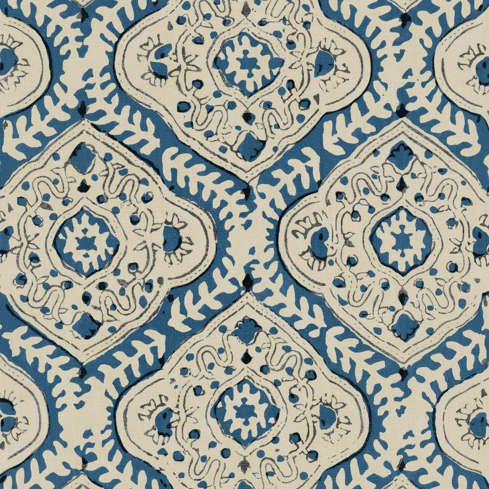 Indigo and ivory linen with ornate diamond medallions and a softly slubbed weave