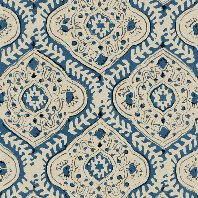Indigo and ivory linen with ornate diamond medallions and a softly slubbed weave