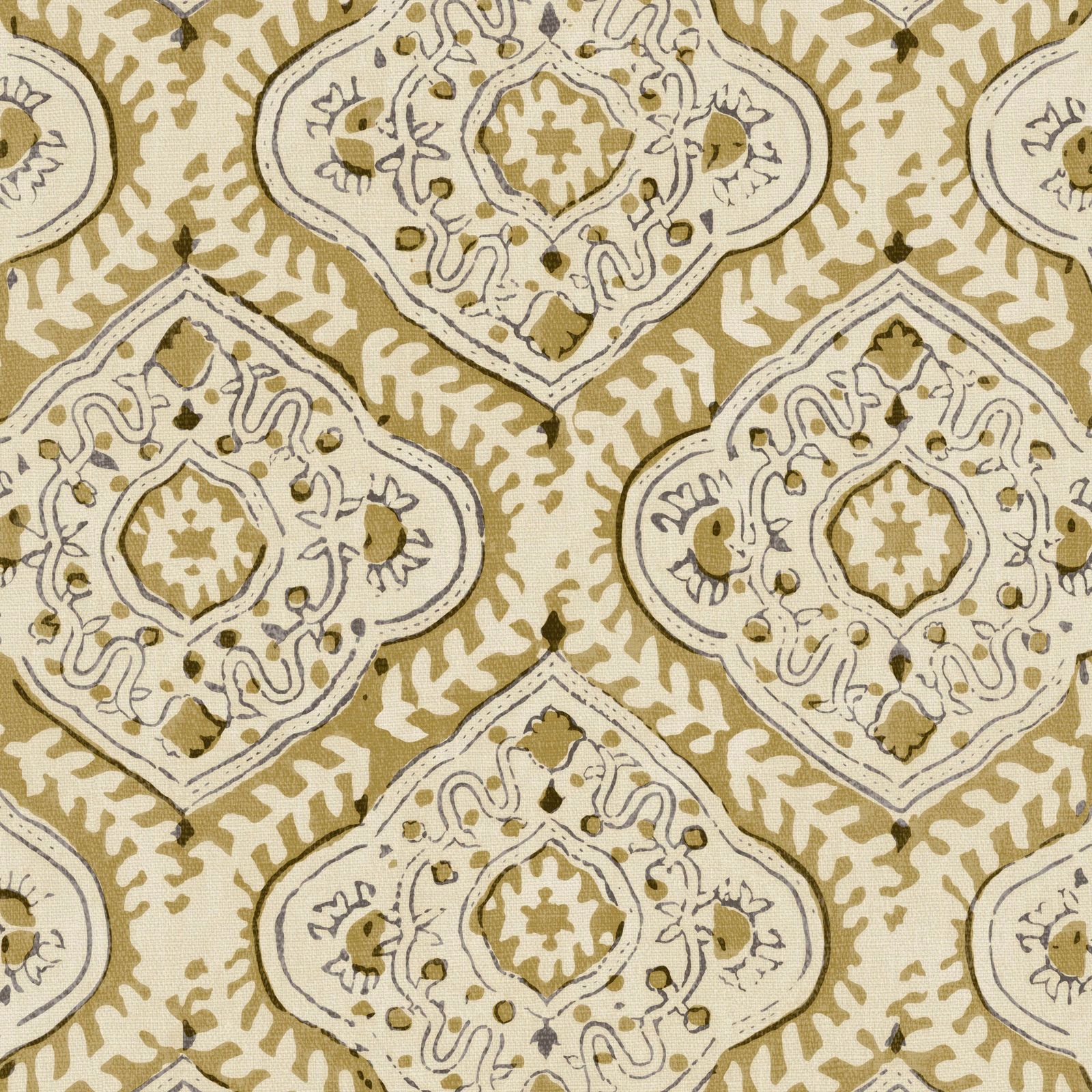 Muted olive linen with cream geometric medallions, ochre accents and dark outlines