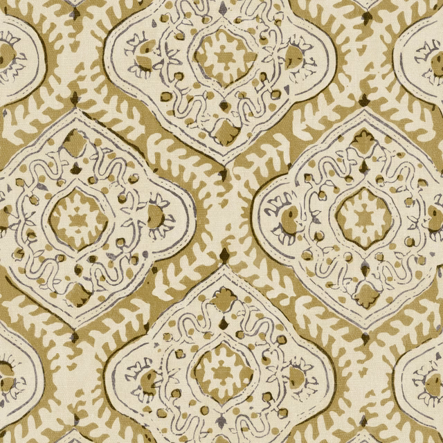 Muted olive linen with cream geometric medallions, ochre accents and dark outlines