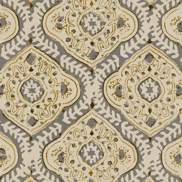 Warm grey linen with cream quatrefoil medallions and muted ochre ornamental linework