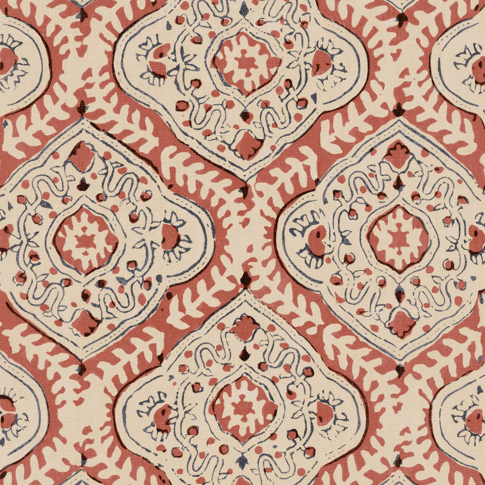 Rosewood-red and cream linen with outlined quatrefoil medallions and tiny floral details