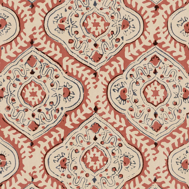 Rosewood-red and cream linen with outlined quatrefoil medallions and tiny floral details