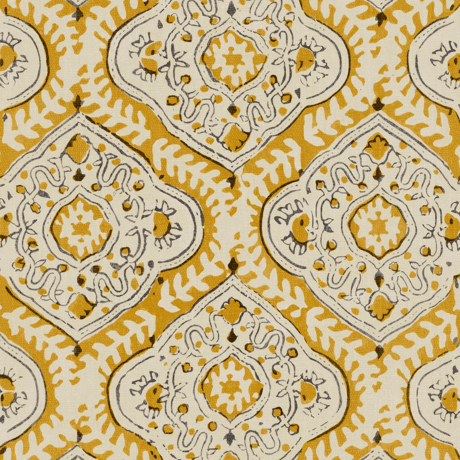 Saffron linen with cream ogee medallions, charcoal outlines and small floral details