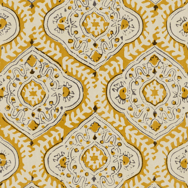 Saffron linen with cream ogee medallions, charcoal outlines and small floral details