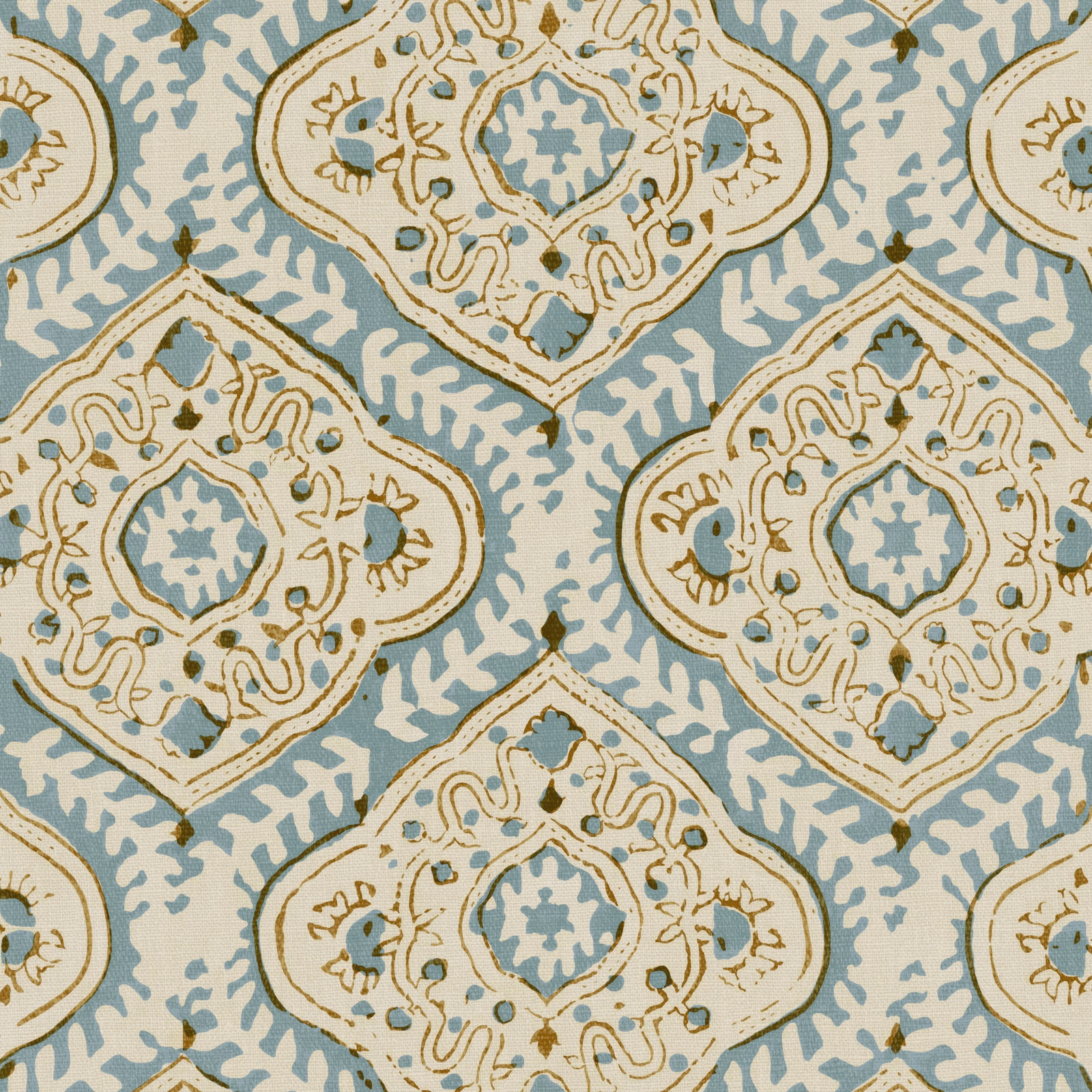 Sky-blue linen with cream arabesque medallions and ochre botanical accents