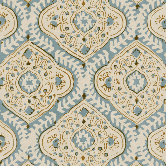 Sky-blue linen with cream arabesque medallions and ochre botanical accents