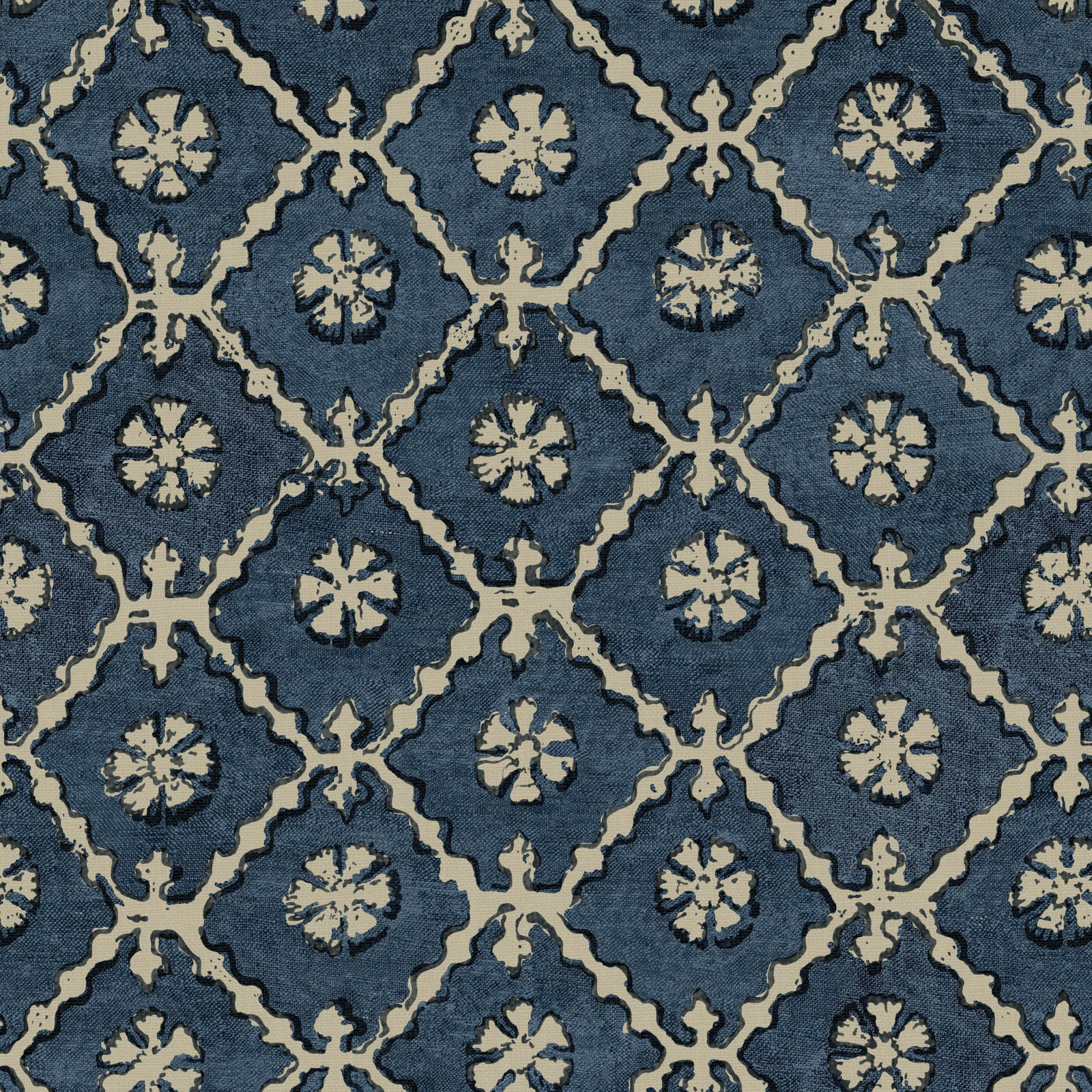 Dark indigo linen with ivory trellis diamonds and distressed floral medallions