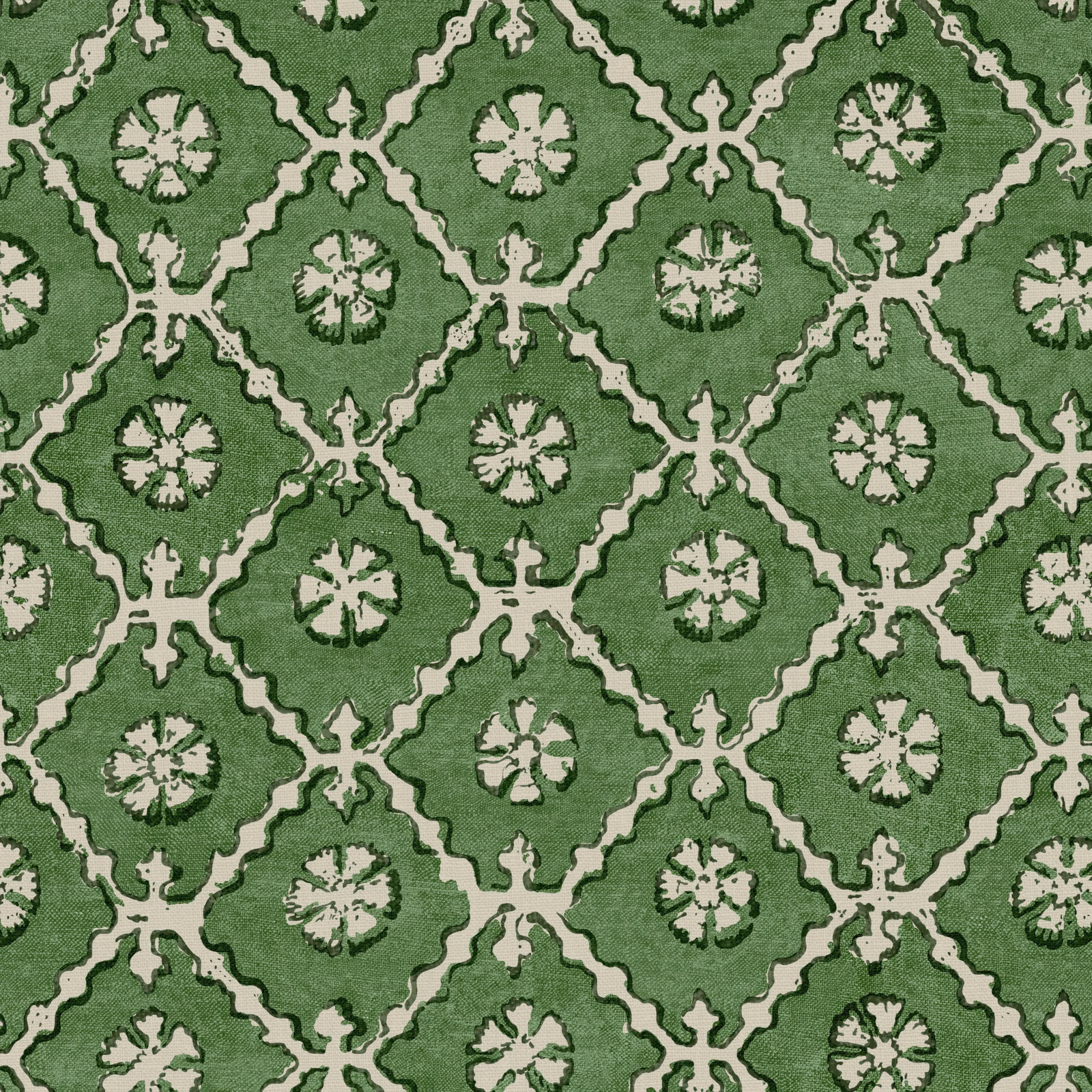 Muted grass-green linen with pale trellis lines and repeated floral rosettes