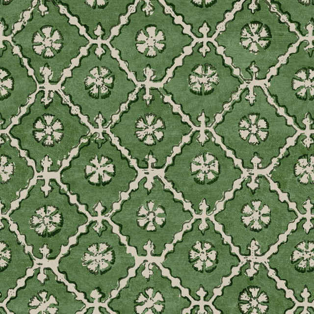 Muted grass-green linen with pale trellis lines and repeated floral rosettes