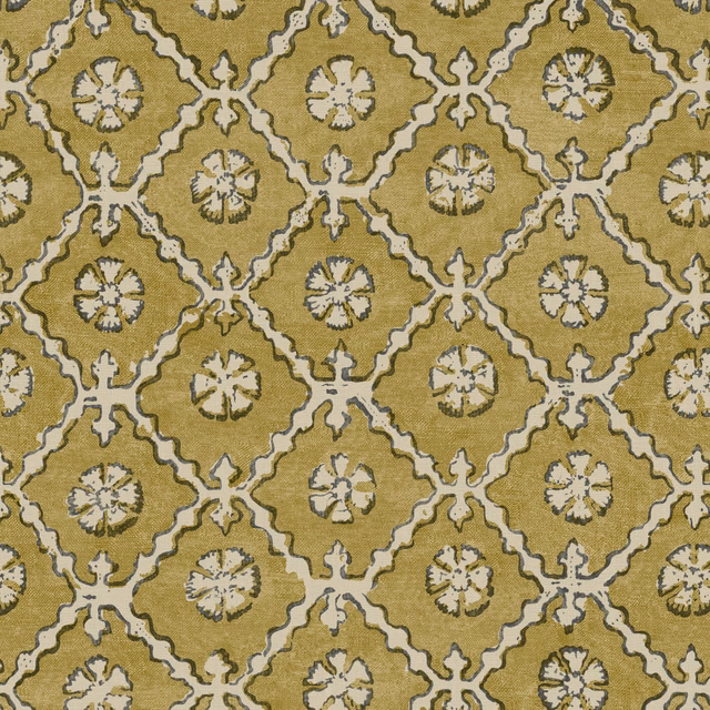 Muted olive linen with cream trellis lattice and small floral medallions