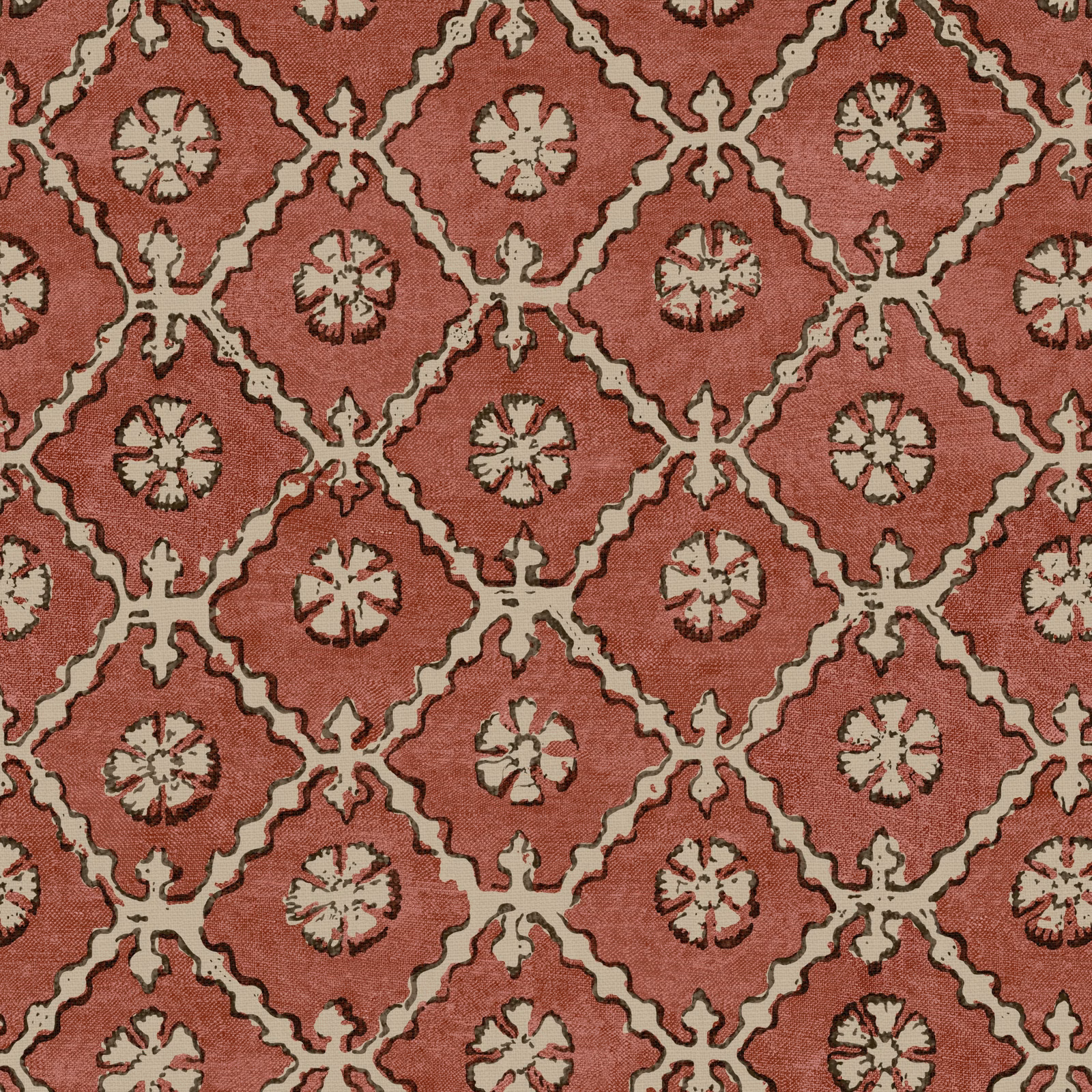 Dusty rose linen with cream trellis diamonds and small floral medallions