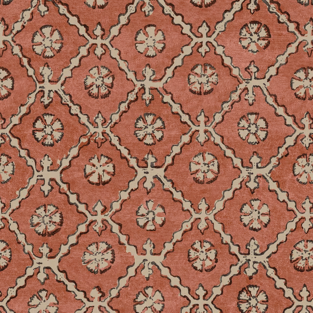 Muted coral linen with cream scalloped trellis and small brown rosette motifs