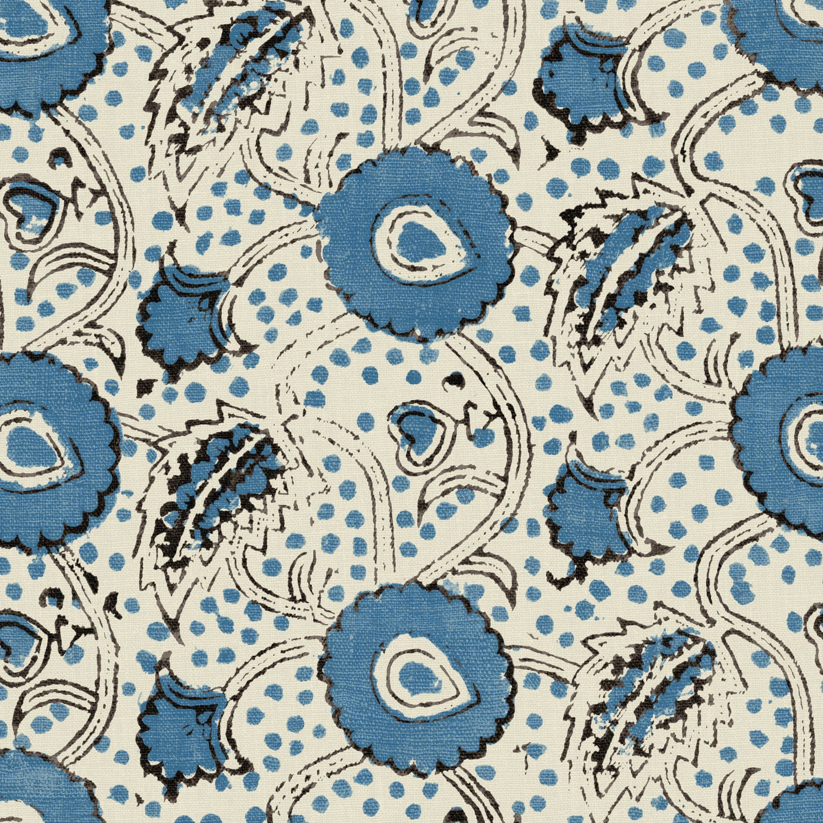Cobalt blue floral and paisley print with black outlines on ivory linen