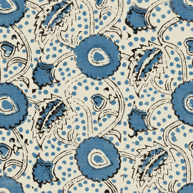 Cobalt blue floral and paisley print with black outlines on ivory linen