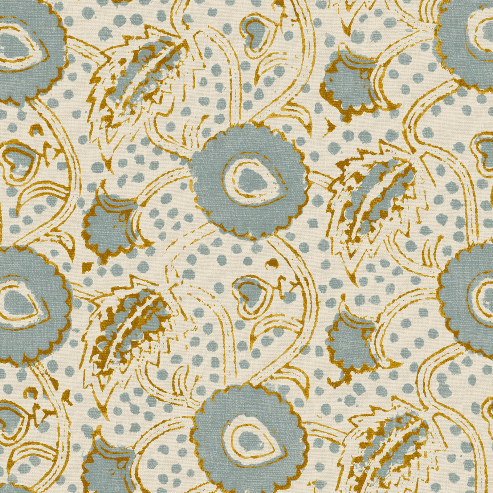 Pale linen with blue-grey flowers, dotted foliage and ochre paisley details