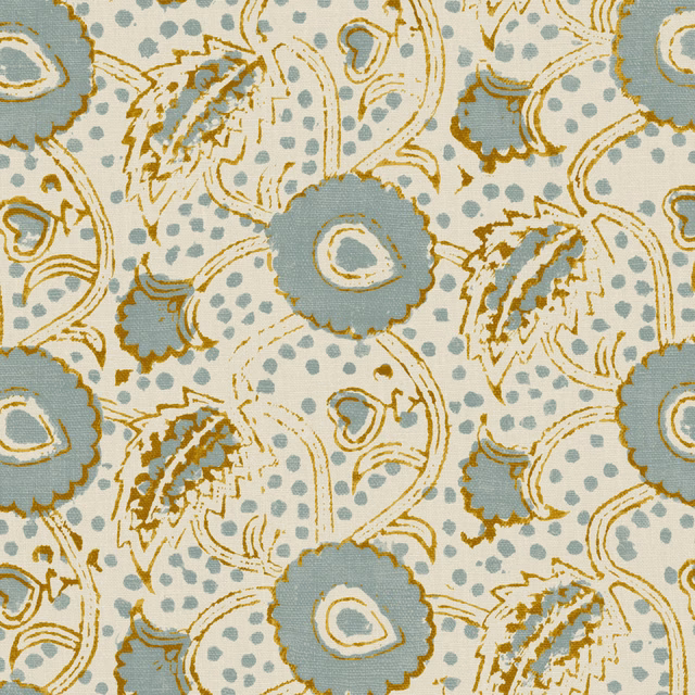 Pale linen with blue-grey flowers, dotted foliage and ochre paisley details