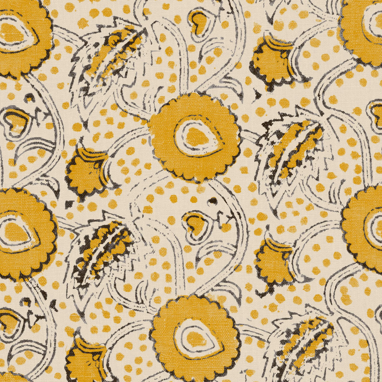 Mustard yellow floral linen with cream ground and charcoal botanical sketch details