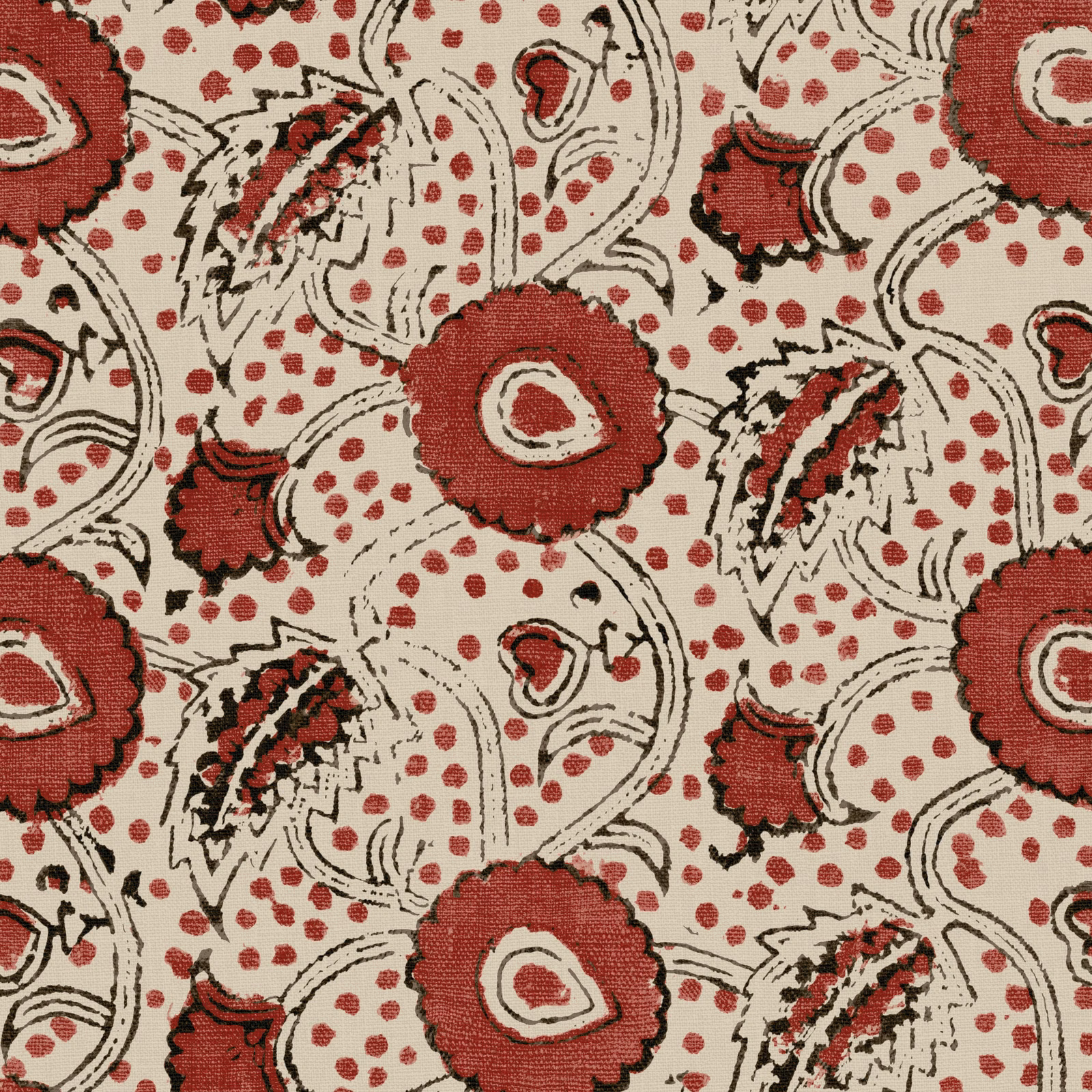 Cream linen with deep garnet flowers, berry dots and black botanical outlines