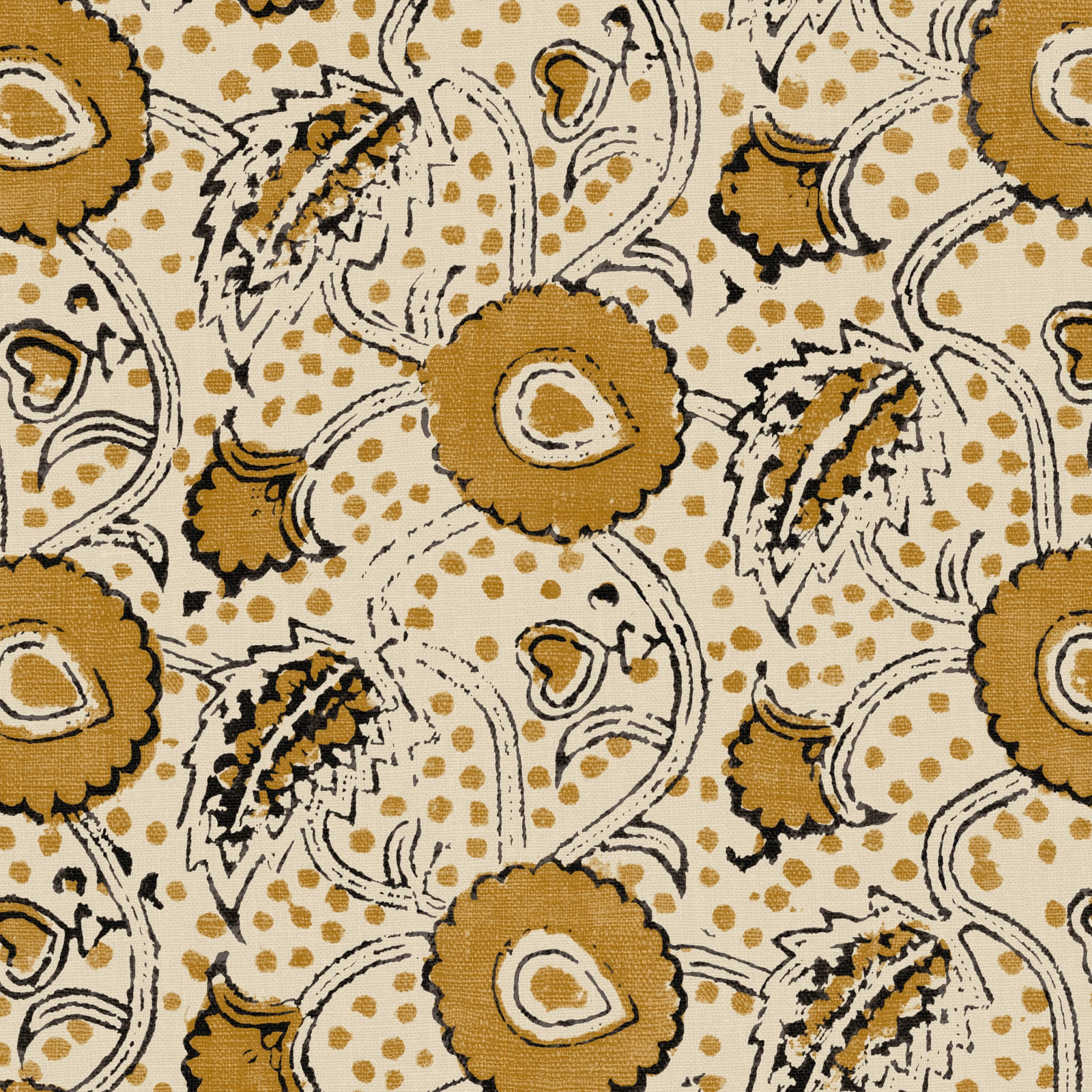 Ochre floral and paisley-style botanical print on a warm cream linen ground