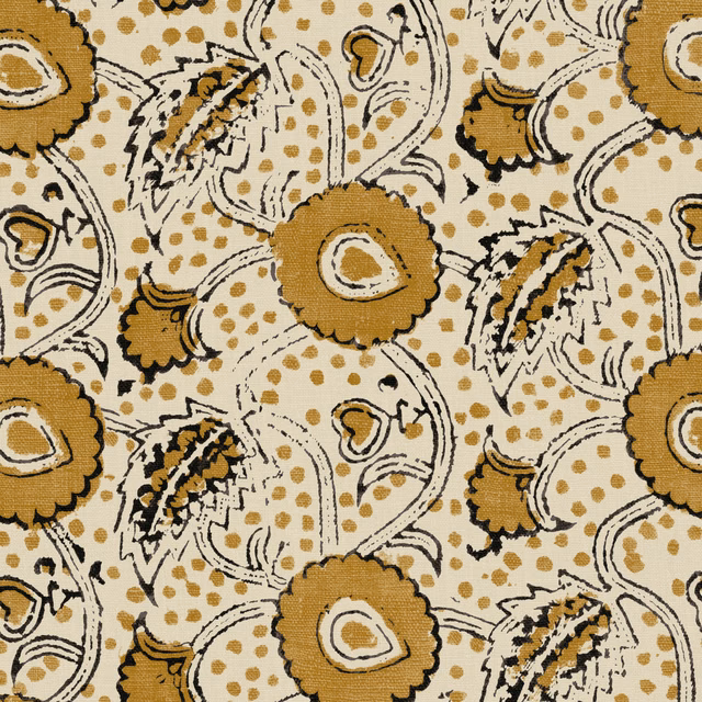 Ochre floral and paisley-style botanical print on a warm cream linen ground