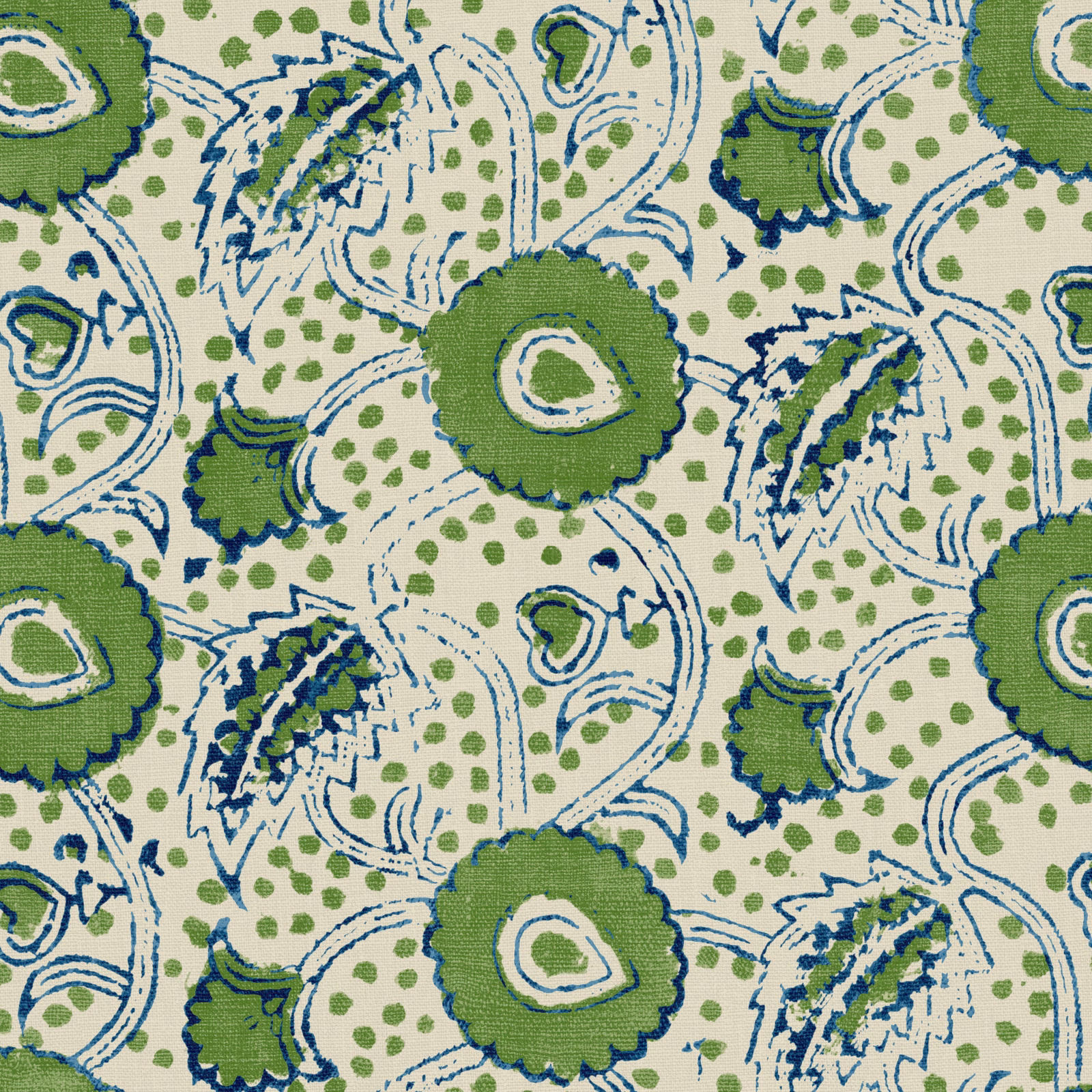 Cream linen with olive-green flowers, blue paisley outlines and dotted botanical detail