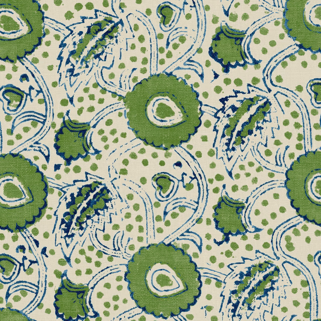 Cream linen with olive-green flowers, blue paisley outlines and dotted botanical detail