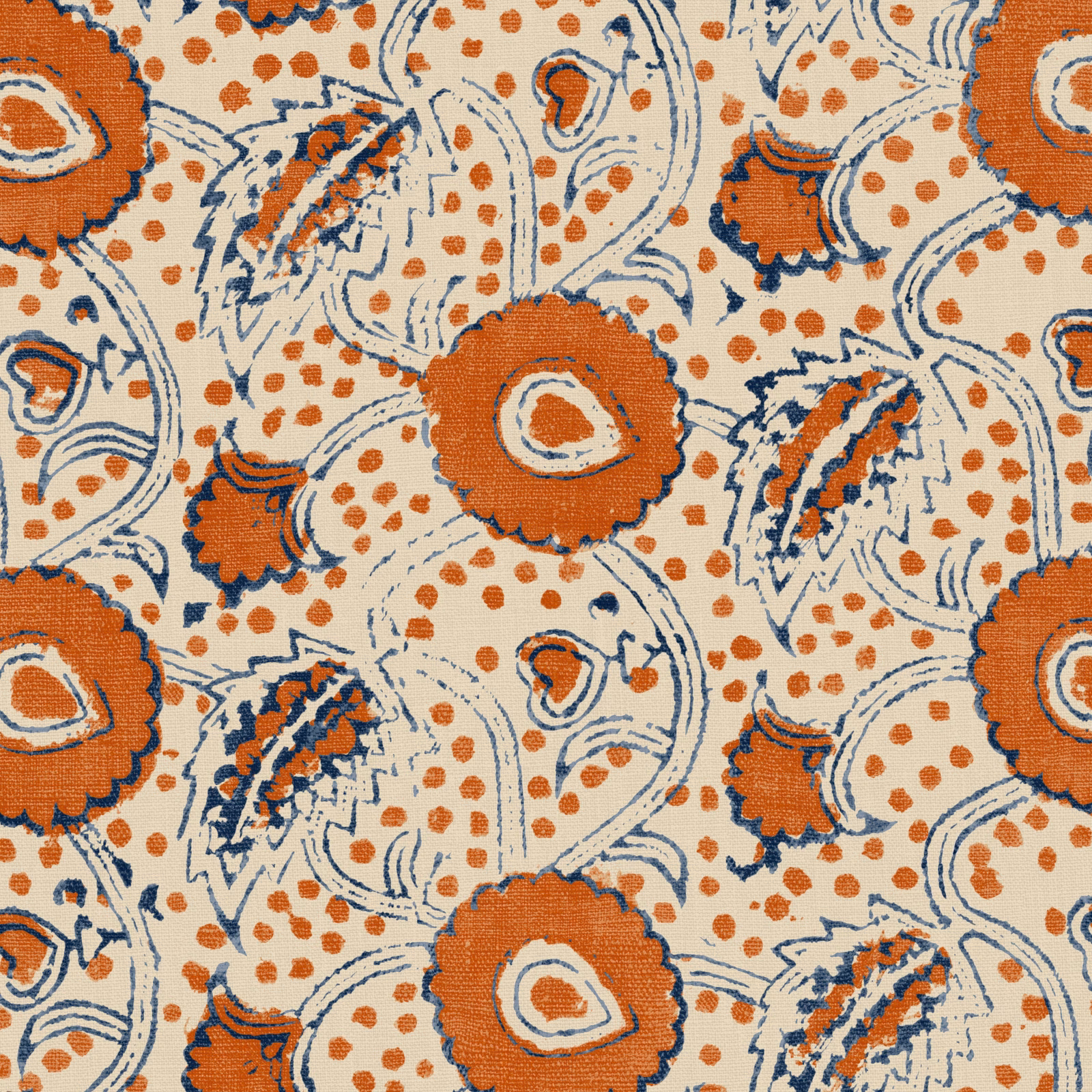 Warm terracotta, cream and navy paisley florals on a textured linen ground