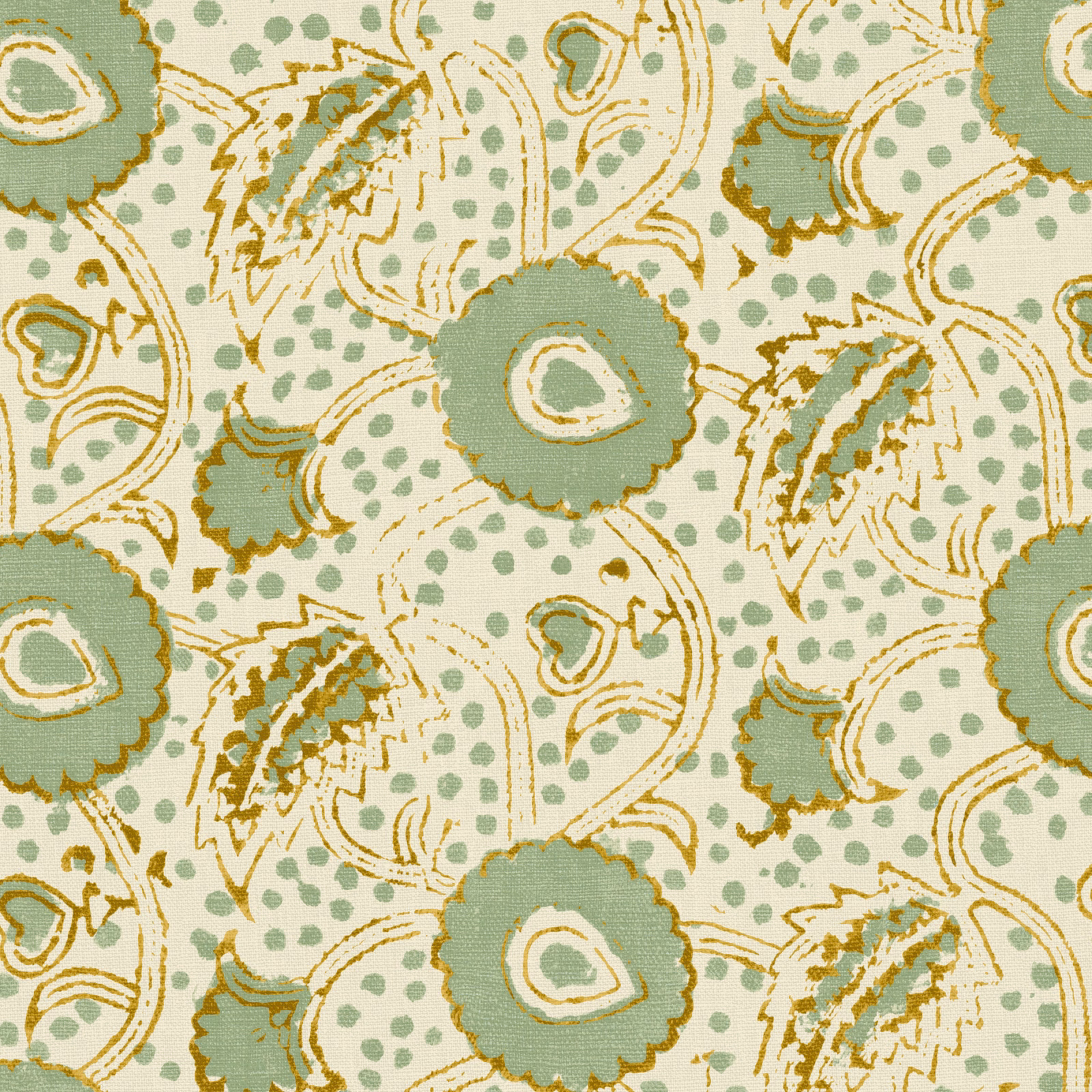 Sage aqua floral and paisley print with cream ground and ochre linework