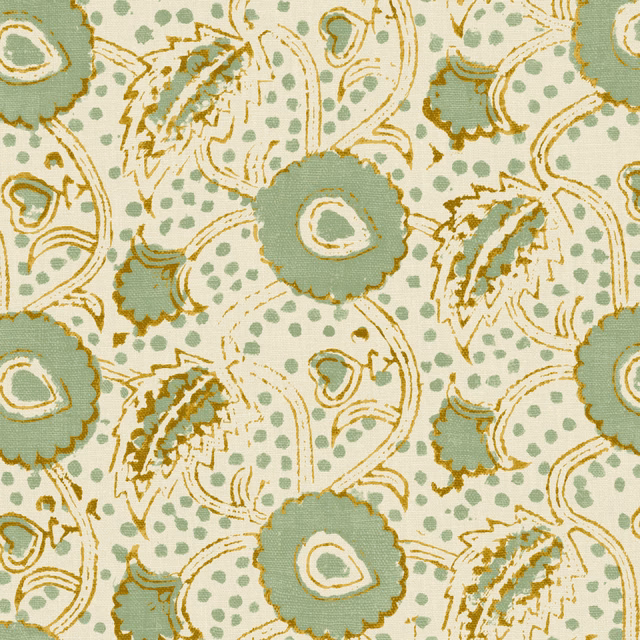 Sage aqua floral and paisley print with cream ground and ochre linework