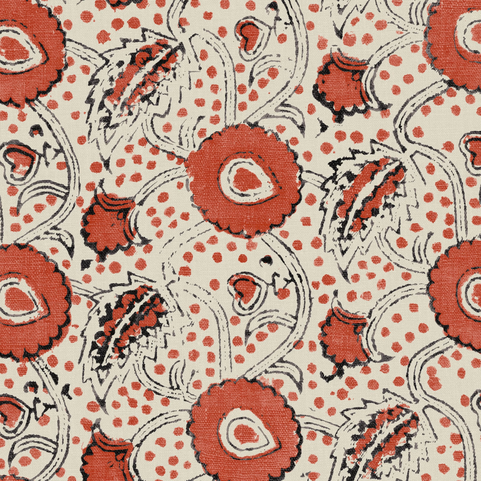 Warm strawberry-red floral linen with cream ground, black outlines and scattered red dots