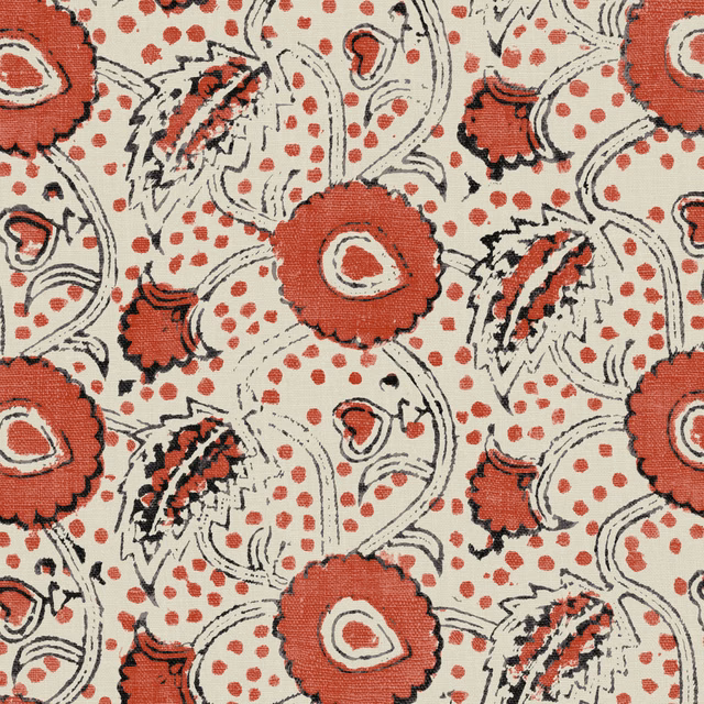 Warm strawberry-red floral linen with cream ground, black outlines and scattered red dots