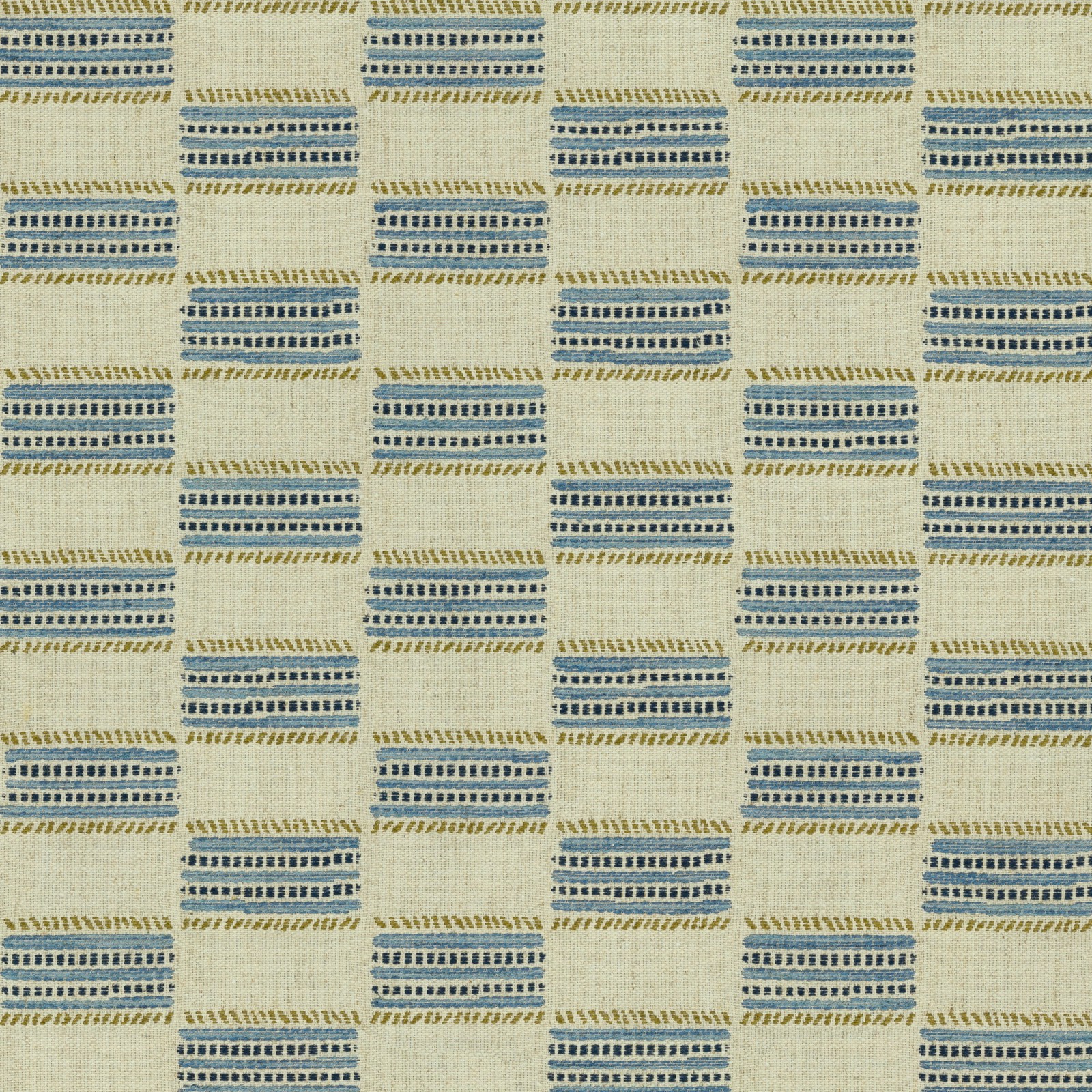 Pale bluestone woven fabric with repeating blue and olive-gold geometric blocks