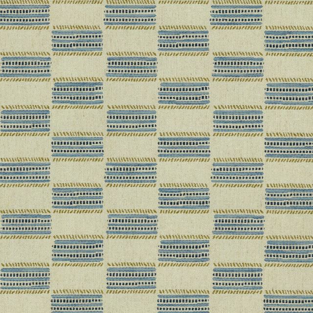 Pale bluestone woven fabric with repeating blue and olive-gold geometric blocks