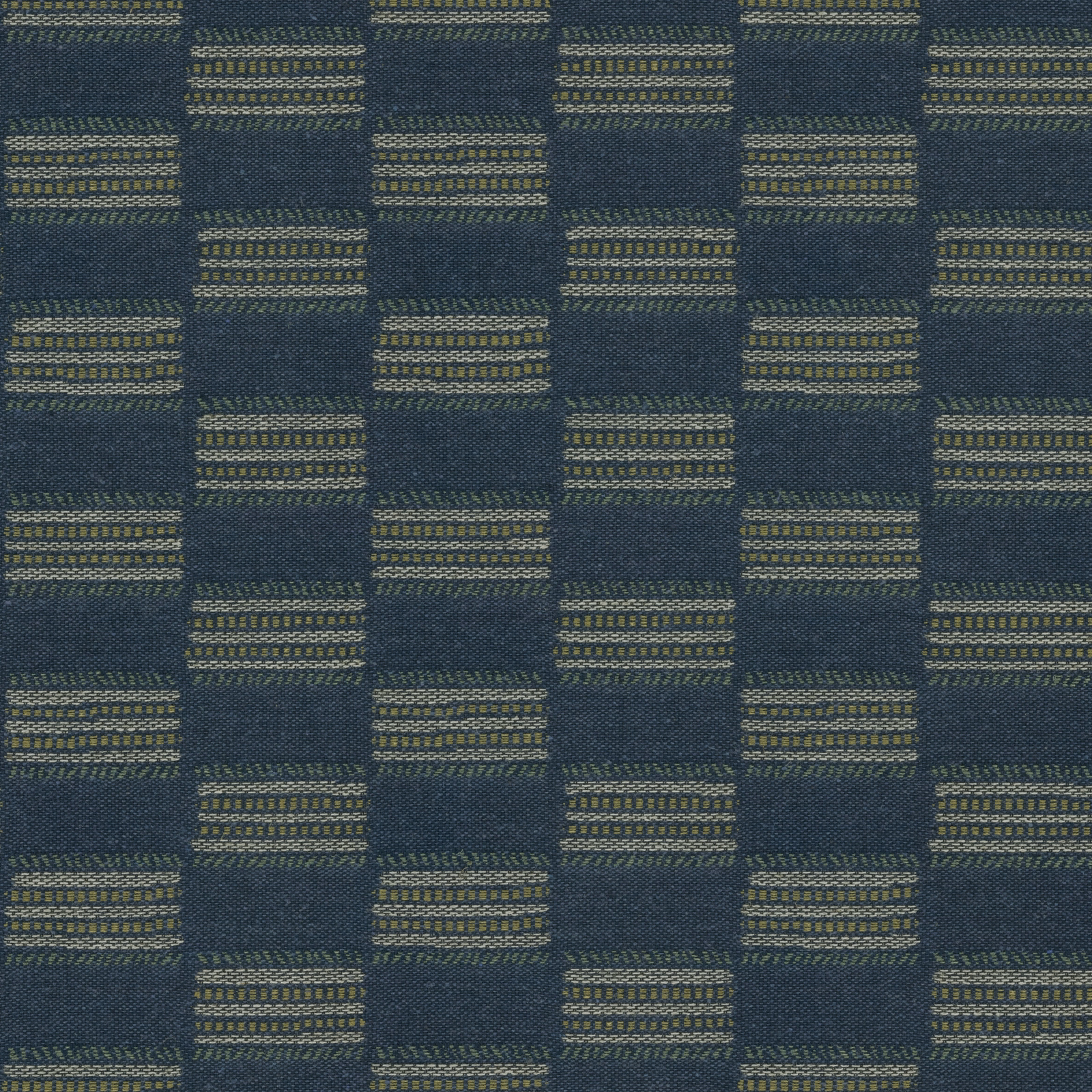 Textured navy-blue checked upholstery fabric with small olive-toned stripe blocks