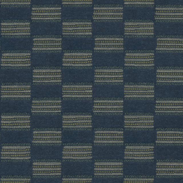 Textured navy-blue checked upholstery fabric with small olive-toned stripe blocks