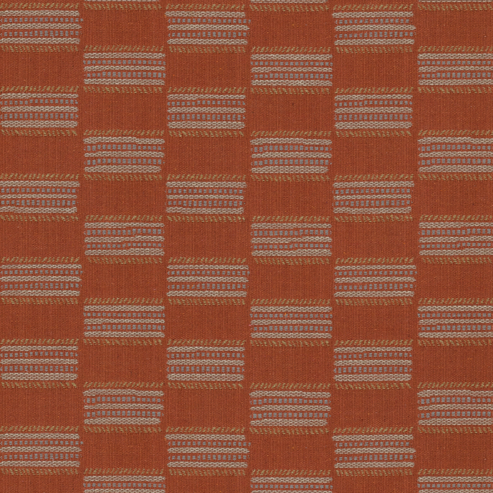 Terracotta geometric woven upholstery fabric with pale striped block motifs