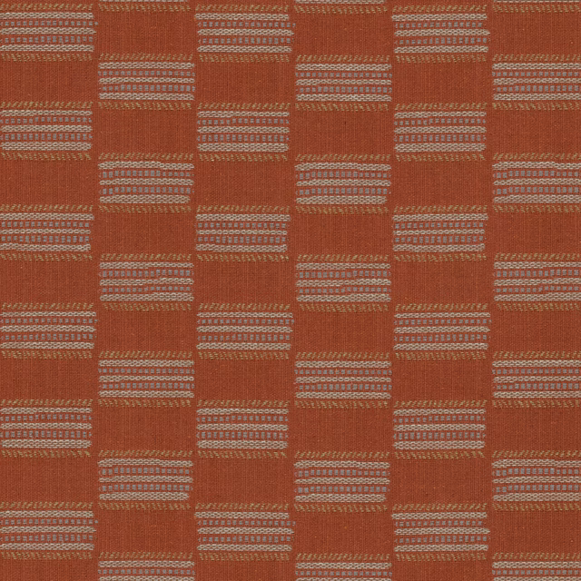 Terracotta geometric woven upholstery fabric with pale striped block motifs