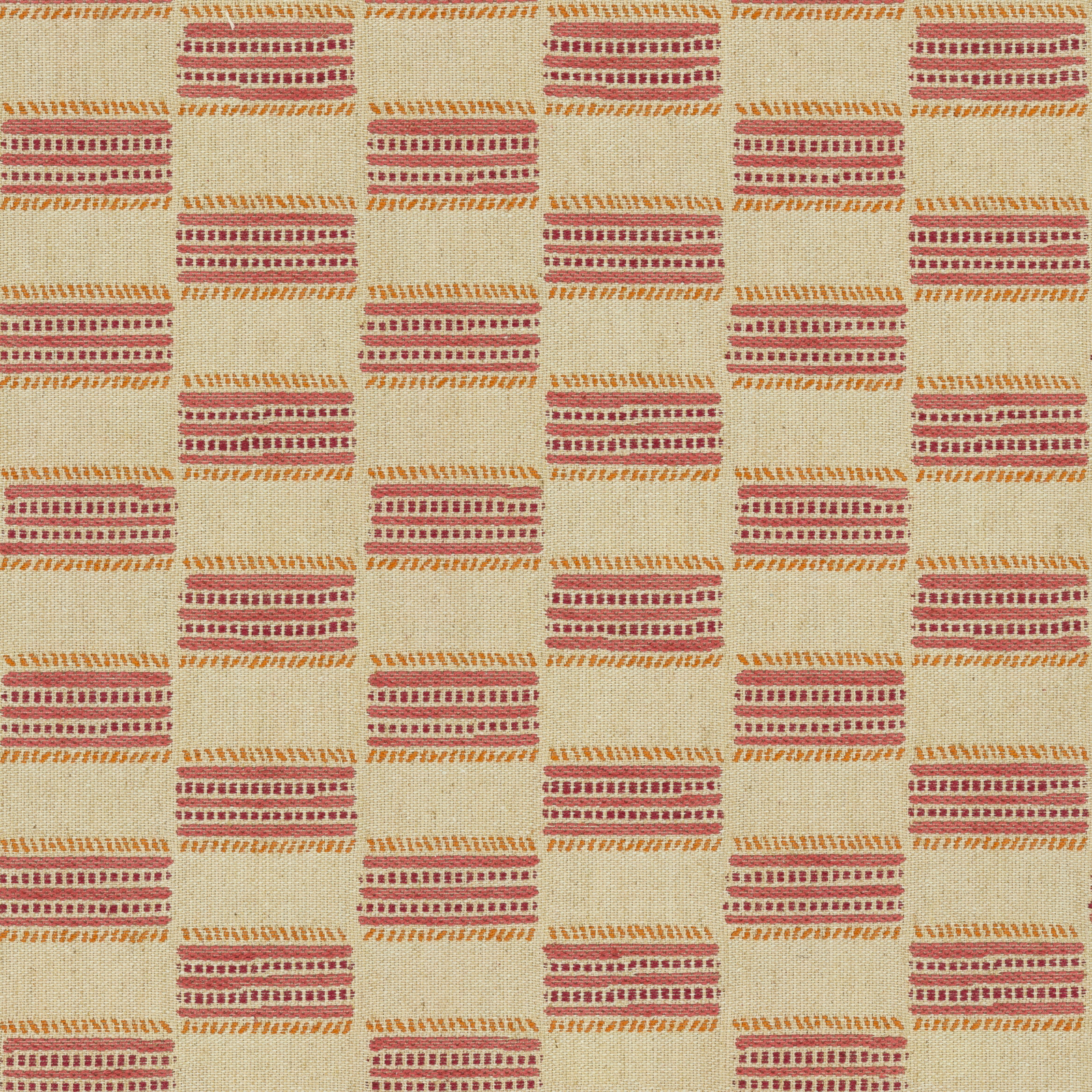 Cream woven fabric with repeating raspberry stripe blocks and gold ticks