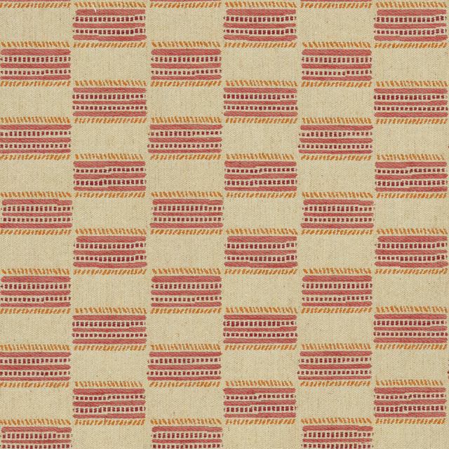 Cream woven fabric with repeating raspberry stripe blocks and gold ticks