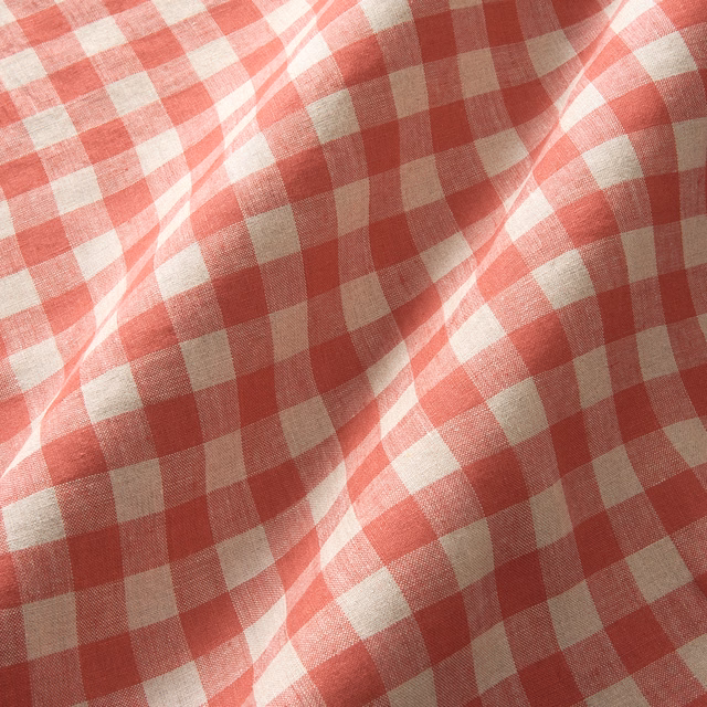 Cherry-red and ivory linen fabric with softly textured 4cm checks in folded light