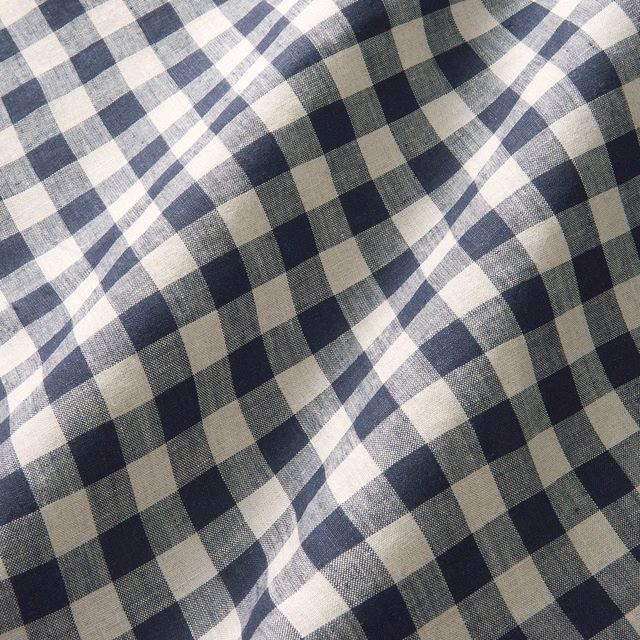 Cool indigo and cream linen with blue-grey medium checks and softly slubbed texture