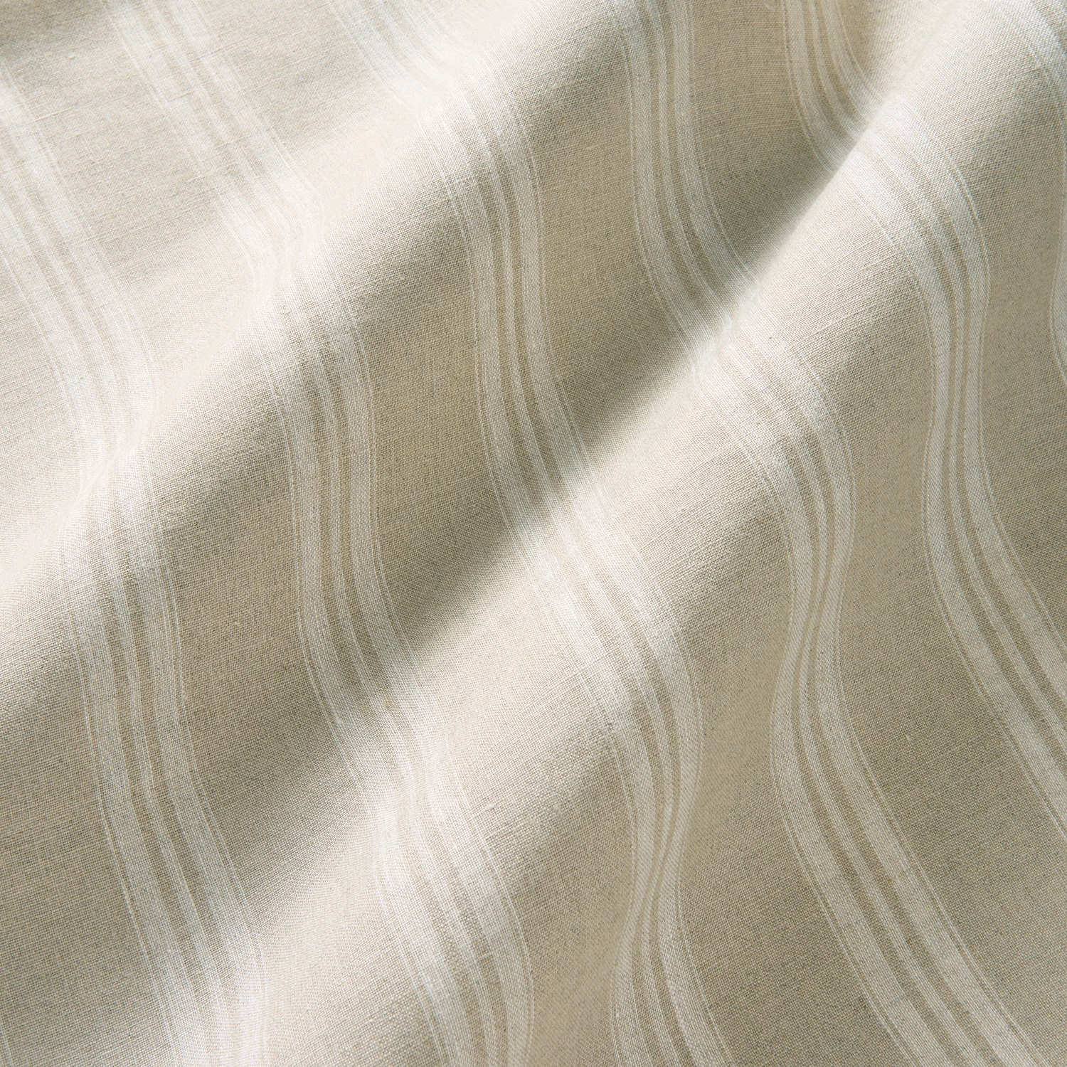 Warm oatmeal linen with softly wavering white vertical stripes and fine slub texture