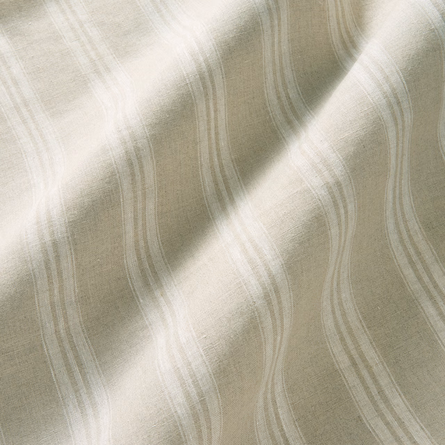 Warm oatmeal linen with softly wavering white vertical stripes and fine slub texture