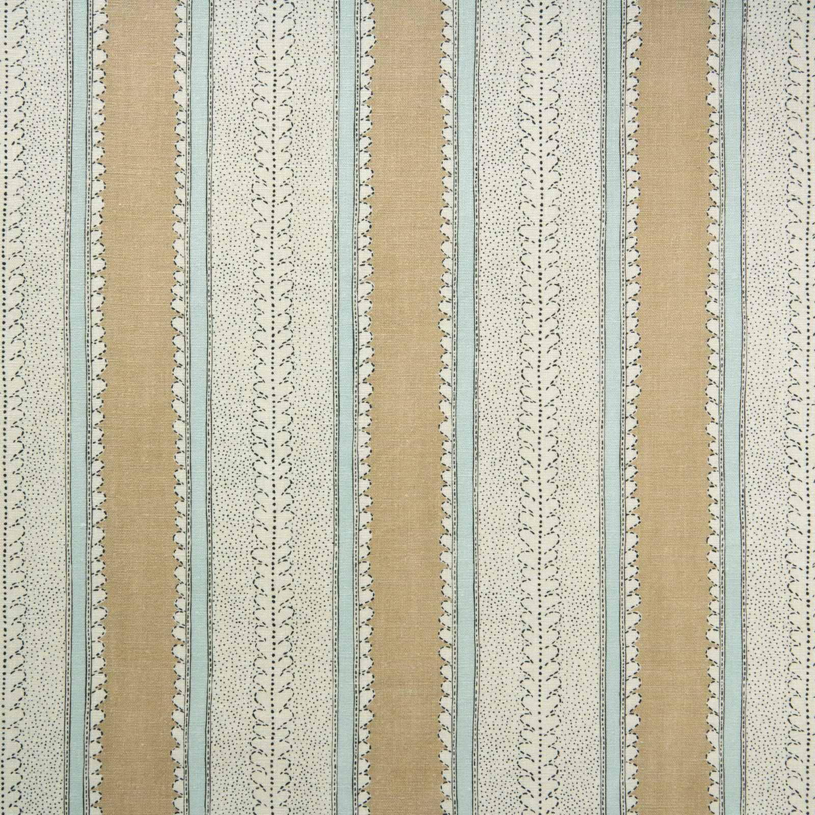 Biscuit tan and pale blue vertical linen stripe with dotted scalloped detailing