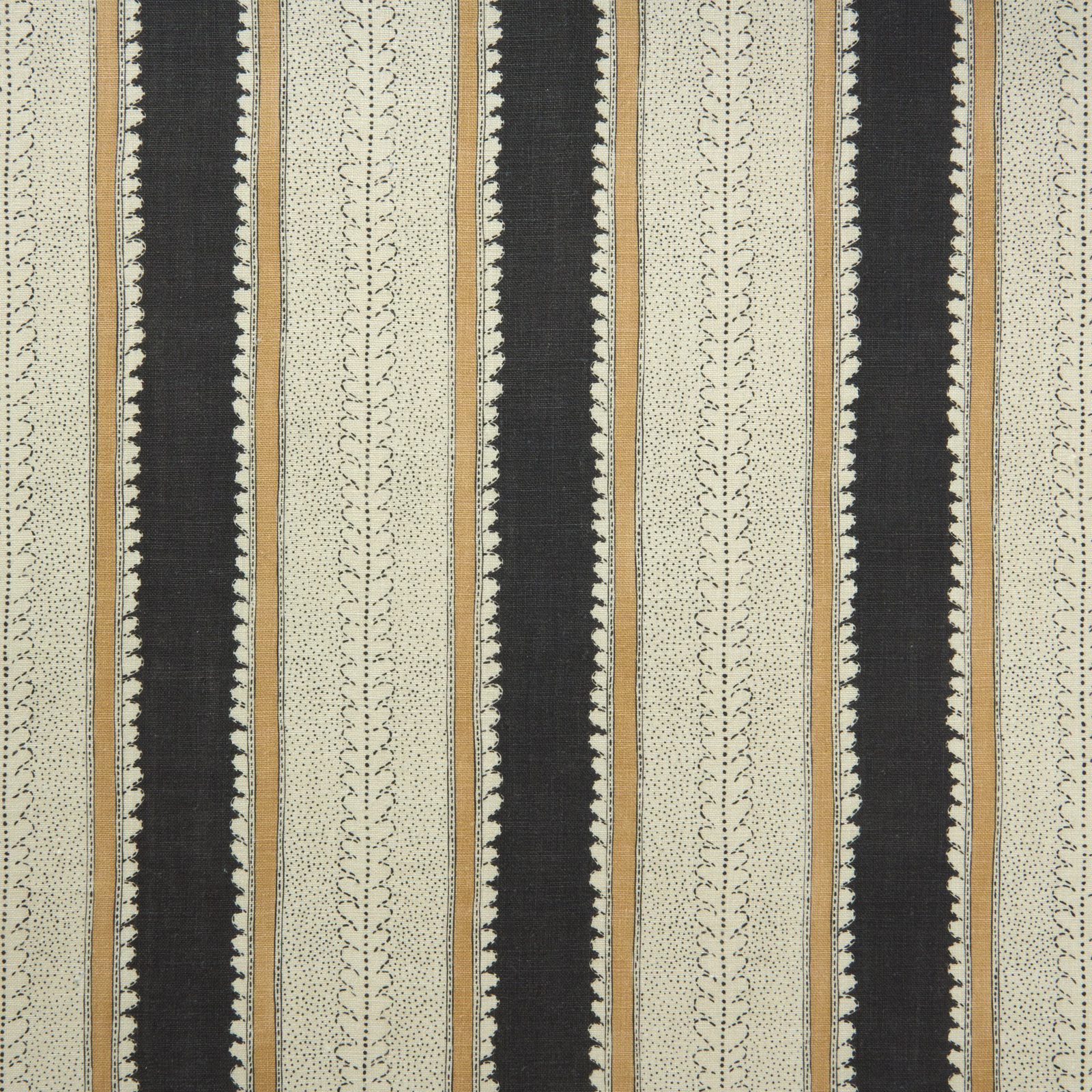 Charcoal, cream and tan linen stripe with dotted leafy vertical motifs