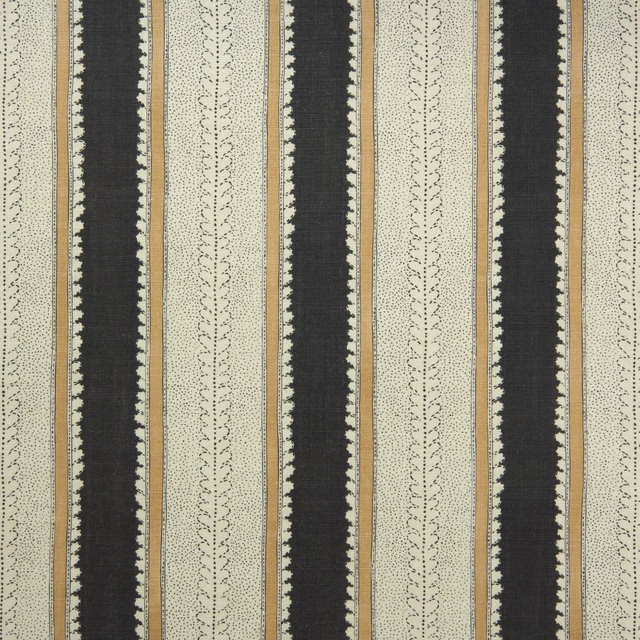 Charcoal, cream and tan linen stripe with dotted leafy vertical motifs