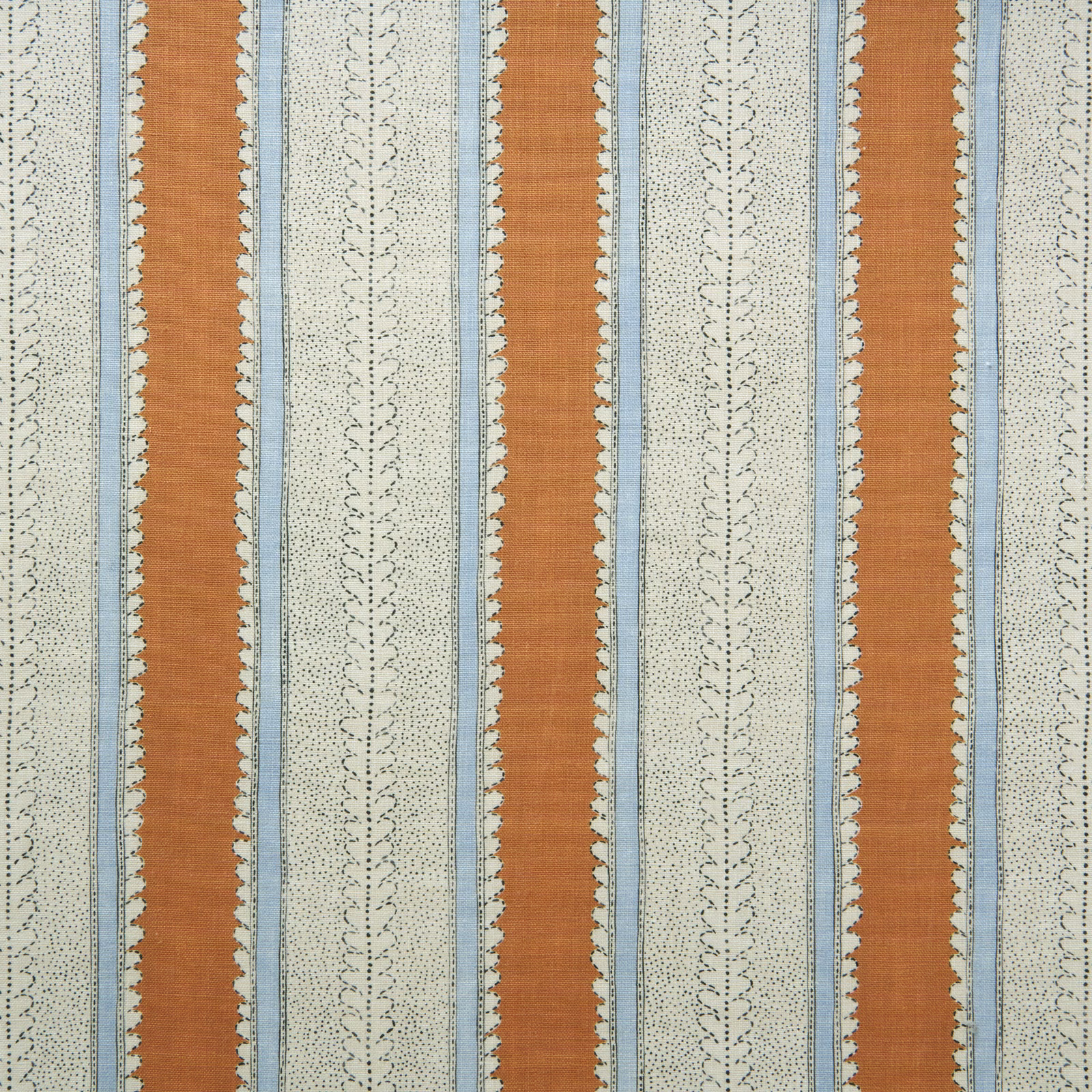 Terracotta, pale blue and cream linen stripe with fine dotted botanical bands