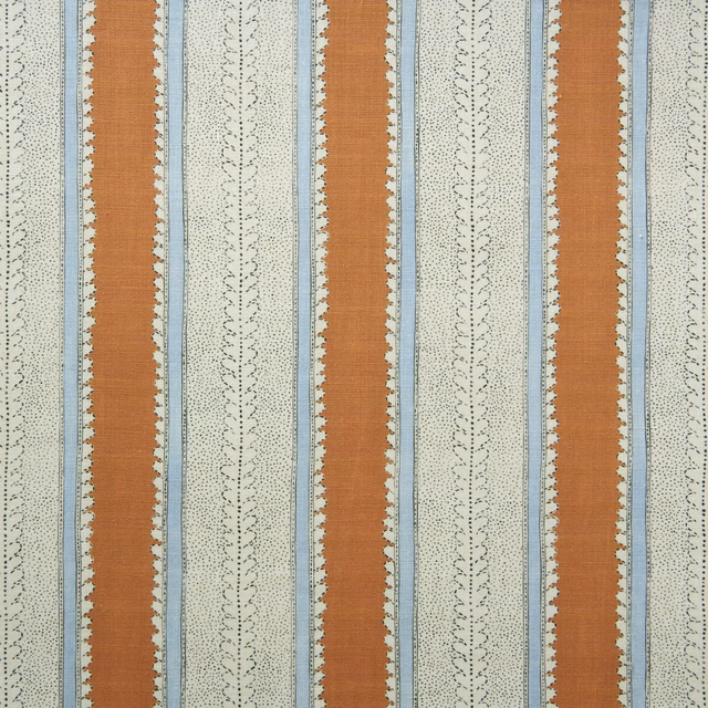 Terracotta, pale blue and cream linen stripe with fine dotted botanical bands