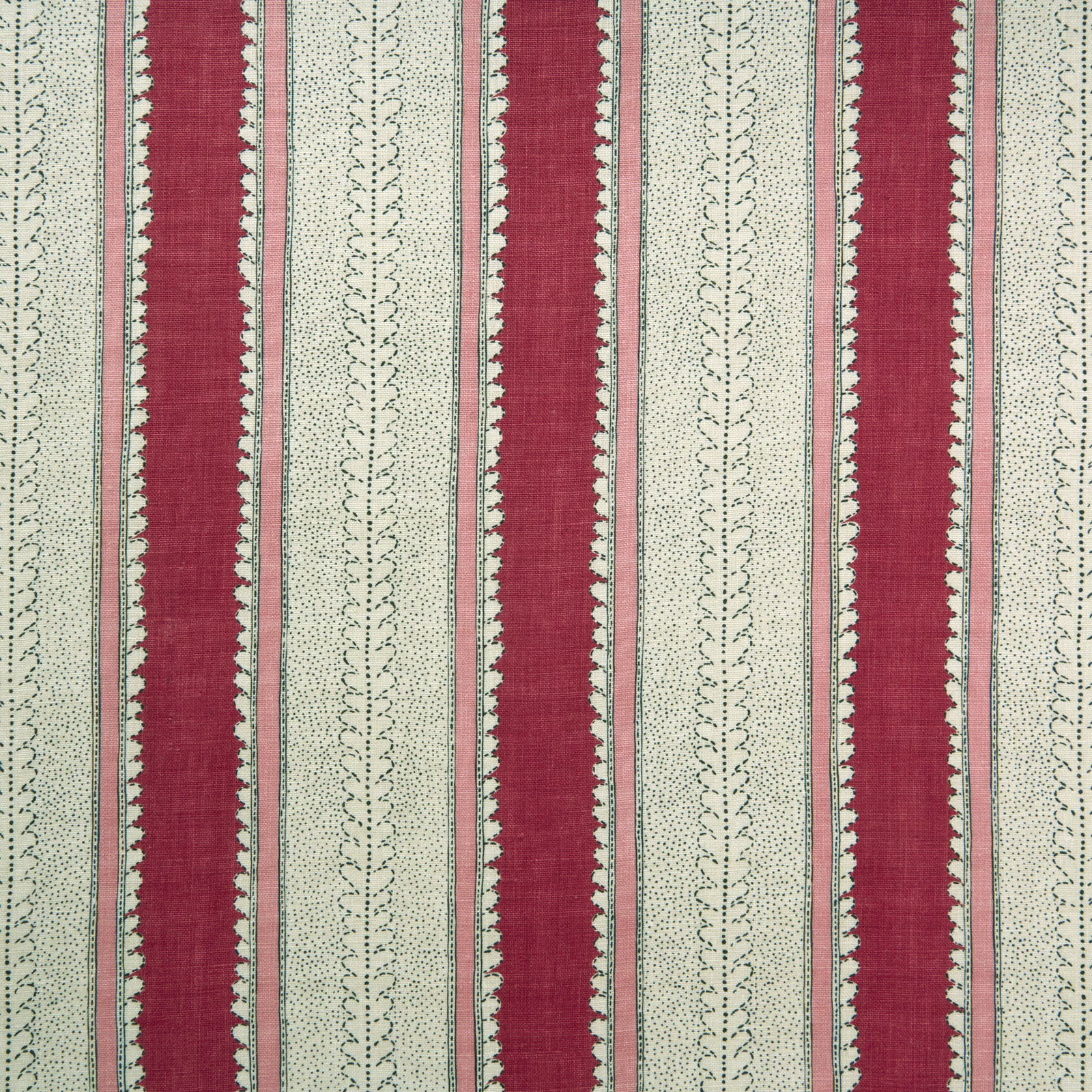 Burgundy and blush pink vertical stripes with dotted sage motifs on linen